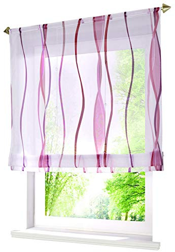 1 Stück Raffrollo mit Wellen Muster Design Raffgardine Voile Transparent Vorhang (BxH 60x140cm, Violett mit Tunnelzug)