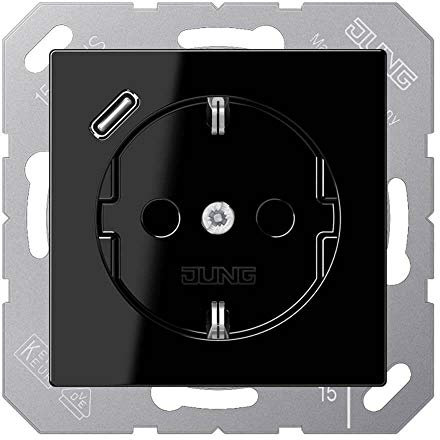 Jung A1520-18CSW SCHUKO-Steckdose mit USB Typ C (max. 3A) Quick Charge mit erhöhtem Berührungsschutz (Thermoplast bruchsicher) Schwarz Serie A