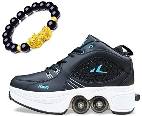 HUOQILIN Deformation Schuhe Kinder Studenten Rollschuhe Quad Skateboard Schuhe Skaten Outdoor-Sport Rollschuhe Faul Reisemodus,Black-EU41
