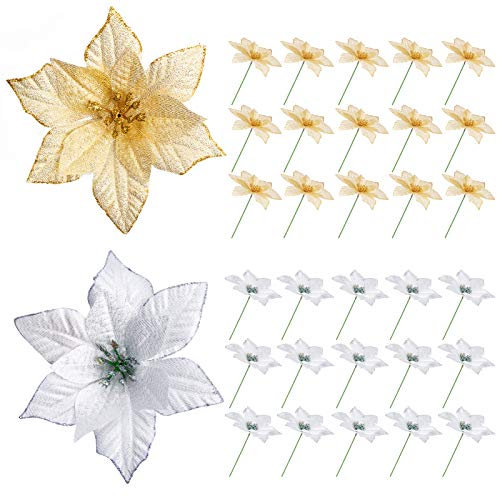 Kiiwah 30 Piezas Adorno de Árbol de Navidad, Flores Artificiales para Decoraciones (Dorado, Plateado)