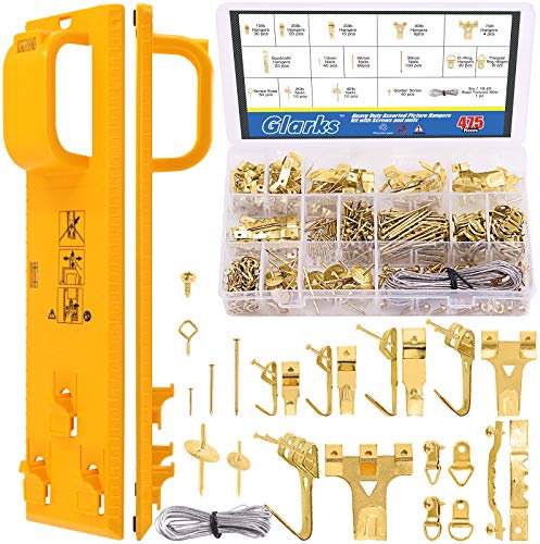 Glarks - Set da 307 pezzi per appendere foto, con righello a livello e 306 chiodi, ganci, filo da appendere, occhi a vite, anello a D e gancio per montaggio a parete