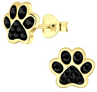FIVE-D Ohrringe Pfote Tatze Hund 925 Sterling Silber gold Kinder Damen Mächen (Gold-Schwarz)
