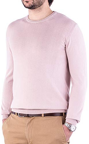 Cashmere Zone-Maglione Uomo Girocollo in Puro Cotone Egiziano Artigianalità Italiana e Confort a Manica Lunga (L, Rosa Cipria)