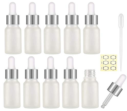 Alledomain 10Pcs, 5Ml Frosted Glass Bottles with Dropper Pipettes, Mini Empty Dropper Bottles Silver Metal Cap Refillable Sample Container for Essential Oil/Aromatherapy Blends/Chemical Liquid