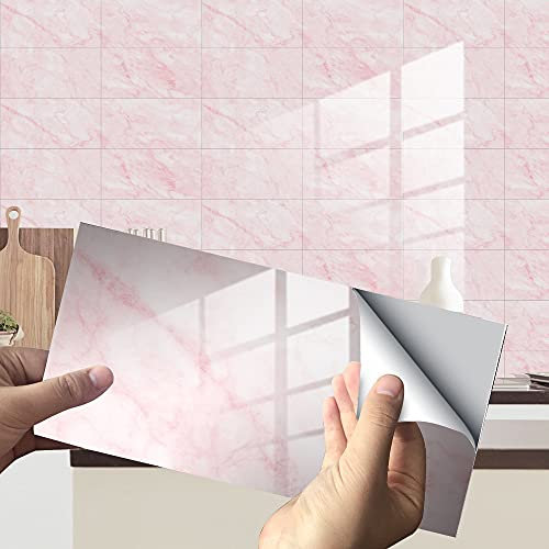 Rettangolo Adesivi per Piastrelle da Cucina, Hiser 3D Marmo Stampa Mosaico Impermeabile Adesivo da Parete Formato Autoadesivo Decorativo per Bagno Decorazioni, 30x15cm (Rosa,4Pezzi)