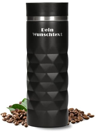 Edelstahl Thermobecher personalisiert – 100% auslaufsicherer & thermoisolierter Kaffeebecher – 450 ml Coffee to go Isolierbecher – individuelle Gravur (Onyx Schwarz)
