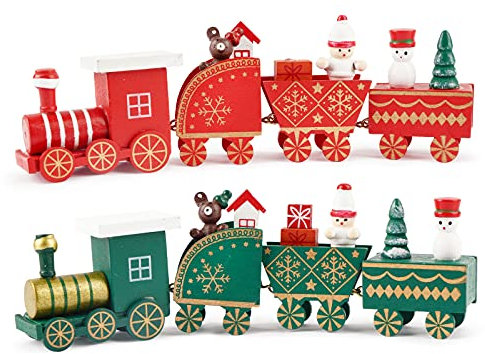 FLOFIA 2Pcs Weihnachten Zug Deko Weihnachten Tischdeko Mini Weihnachtszug Holz Eisenbahn Weihnachtsdeko Tisch Xmas Party Weihnachtsbaum Schneemann Dekoration Weihnachten Neujahr Geschenke Rot Grün