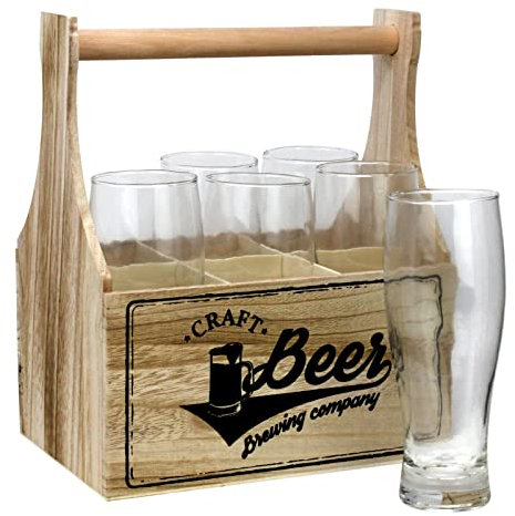 Koopman International Beer Glasses Half Pint Set of 6 with Wooden Caddy Crate Carrier Vintage Beer Lager German Beer Glasses & Holder Toughened Glass Half Pint Set Glassware, (CD1002640)