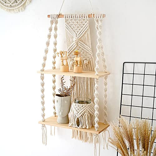 weemoment Wandregal Holz Regal Wand Boho Deko Makramee Schweberegal Quaste Handgewebte Wohnzimmer Badezimmer Hängeregal