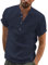 YAOBAOLE Mens Cotton Linen Henley Shirts Short Sleeve Casual Summer T Shirt Banded Collar Beach Tops Navy 2XL