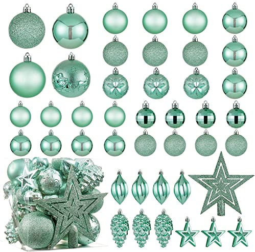 Weihnachtskugel-Ornamente – 43 Stück bruchsichere Weihnachtsbaum-dekorative hängende Ornamente mit Schlaufe für Weihnachten, Heimdekoration, mintgrün (Kombination aus 10 Kugeln und geformten Stilen)