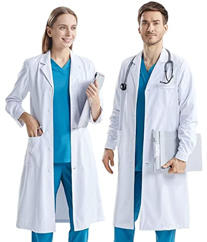 CoatCool laboratorierock bomull, läkarrock för kvinnor och män, kemikalierock, vit laboratorierock, läkarkappa, långärmad medicin, läkarkostym, laboratoriekappa med knappar, 3 fickor, arbetsskjorta