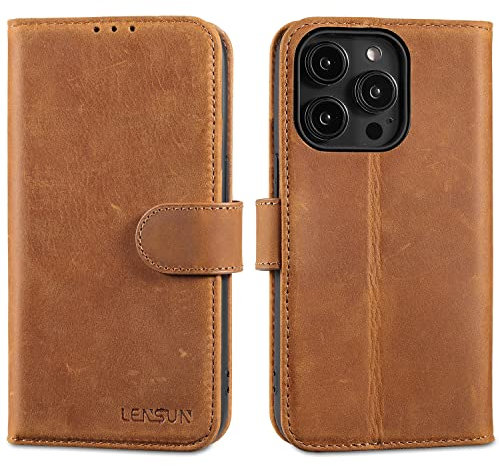 LENSUN Echtleder Hülle für iPhone 14 Pro, Handyhülle [Echtes Leder][Magnetverschluss][RFID Schutz] Handytasche Lederhülle für iPhone 14 Pro 5G(6,1) - Vintage Braun