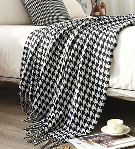 Hahnentritt-Design Überwurf mit Quasten, Decke Sofaüberwurf, Strickdecke für Bett, Sofa, Couch, Stuhl, Heimdekoration, Größe (60 x 170 cm)