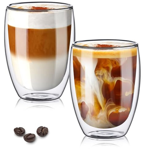 TKNO Double Walled Glass Coffee Mug Cups, Set of 2 Hollow Vacuum Sealed Cappuccino Latte Macchiato Glasses, Hand Made, Heat Resistant, Microwave Safe, 350ml Cup