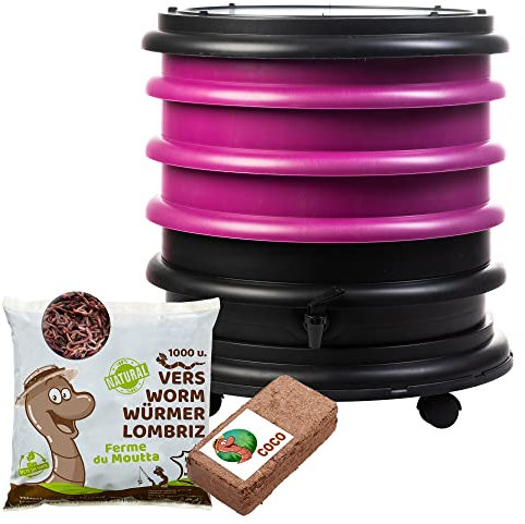 WORMbox | Lombricomposteur 3 Plateaux Framboise + 500gr de vers de Compost + 1 Bloc Coco | 48 litres | Compostez Vos déchets organiques, Les vers de Terre/lombrics produisent du lombricompost