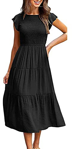 Yuson Girl Vestito Estivo Lungo Donna - Abito Estivo Lungo Collo Rotondo Ragazza con Manica a Volant Vestiti Casuale Eleganti Colori Solidi Abiti Estivi Donna Lunghi