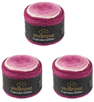 Cupcake Glitter Simli 3 x 150g Strickwolle 450 Gramm Wolle zum Stricken und Häkeln Babywolle türkische Wolle Farbverlaufswolle Glitzer (3200 beere weiß rosa)
