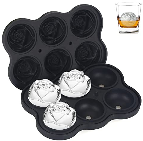 Ice Cube Molds Trays KANGRUI 6 Cavity Silicone Rose Ice Ball Maker Easy Release Large Ice Cube Form for Chilled Cocktails Whiskey Bourbon & Homemade Juice (Black)