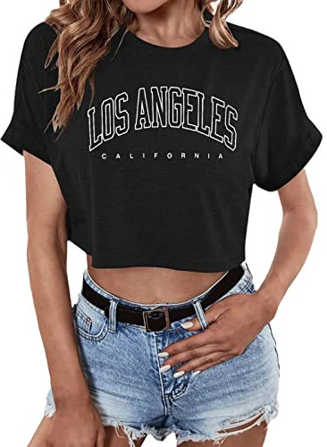 YEBIRAL Crop Top Damen, Teenager Mädchen Brief Drucken T-Shirt Kurzarm Sportshirt Bauchfreie Oberteile Lose Bluse Casual Kurz Sport Streetwear Y2K Sweatshirt Tops