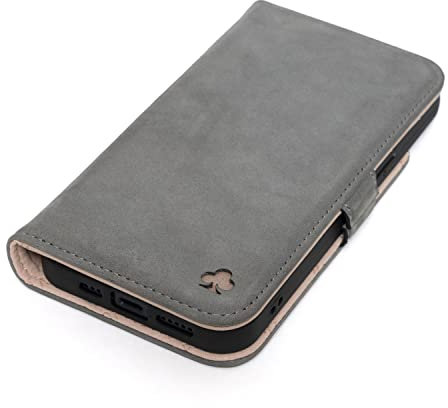 PORTER RILEY - Leather Case Compatible with iPhone 13 Mini (5.4). Premium Nubuck Genuine Leather Stand/Cover/Wallet/Flip Case with Card Slots & Horizontal Stand (Grey, Pink)