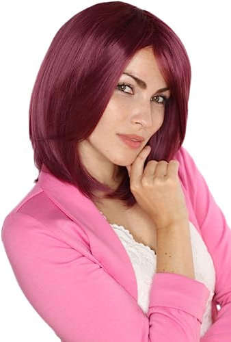 Prettyland Granatrot Rot Mittellange Schulterlange Frau Perücke mit Pony Glatt Hitzefest Party Alltag Grantrot Wein-Rot wig C282