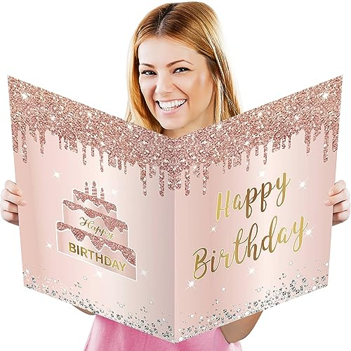 Jumbo-Geburtstagskarte mit Umschlag, riesiges Gästebuch, Happy Birthday, für Mädchen und Damen, Dekorationen, Partyzubehör, Rosa, Roségold, extra große Geburtstagskarten-Dekoration (35,6 x 55,9 cm)