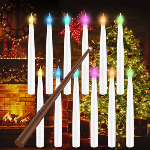 Coovee Lot de 12 bougies flottantes à changement de couleur avec télécommande baguette magique, décorations bougies magiques à suspendre, bougies lumineuses colorées pour Famille Mariage décoration