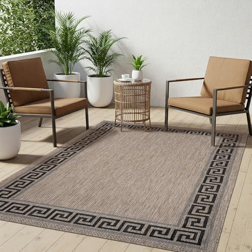TAPISO Melissa In & Outdoorteppich Braun Schwarz Griechisch 140 x 200 cm | UV-Resistent strapazierfähiger Teppich mit Sisaloptik für Küche Flur Wohnzimmer Balkon Terrasse Modern OEKO-TEX