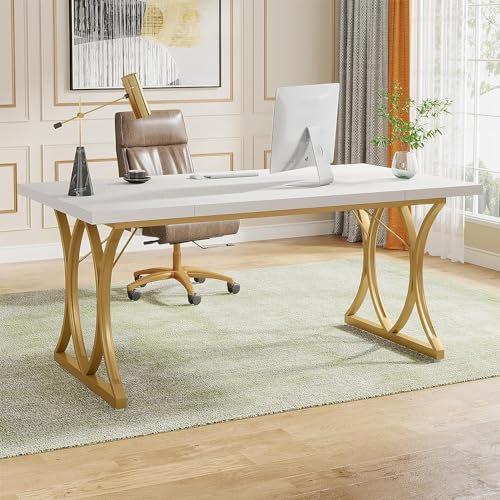 Tribesigns Schreibtisch Computertisch,159 x 79 x 78 cm Modern PC Tisch Bürotisch Arbeitstisch Esstisch mit goldenem Metallrahmen für Home Office zu Hause Schreibtische, Konferenztisch, Weiß & Gold