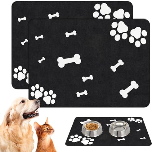 Lot de 2 tapis de gamelle pour chien et chat - 60 x 40 cm - Antidérapant - Super absorbant - Avec motif pattes - Imperméable - Pour animaux de compagnie (60 x 40 cm, A)