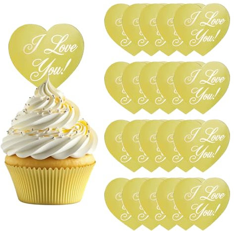 URROMA I Love You Acryl-Cupcake-Topper, 20 Stück, Herz-Cupcake-Topper, Acryl, Liebe, Kuchendekoration, goldfarben, Hochzeit, für Dusche, Party, Valentinstag, Verlobung, Jahrestag,