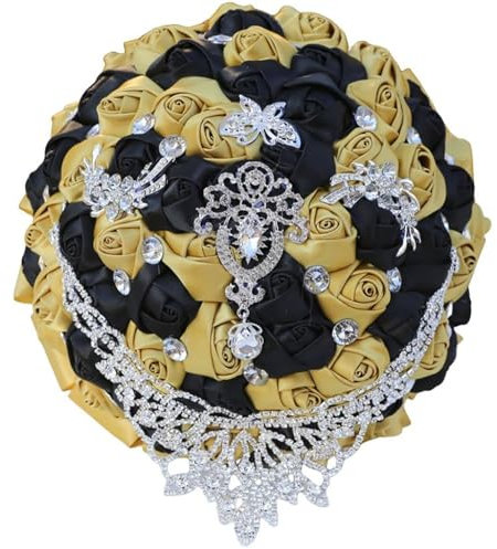 Qikegoods handgefertigter Luxus-Brautstrauß, große Seidenrose, mit Satinband, Perlen, Strass, für Braut, zum Halten und Werfen, Kunstblumen, Vintage, königlicher Hochzeitsstrauß (Schwarz + Goldfarben)