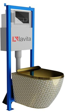 Lavita LAV 101 Vorwandelement für WC 40cm + Wand Hänge Tiefspül WC SOFI SLIM GOLDEN NEVER DIE Spülrandlos + Bedienplatte LAV 200.3.2 Verchromt | Komplettset | Unterputz Spülkasten | Komplett Sett