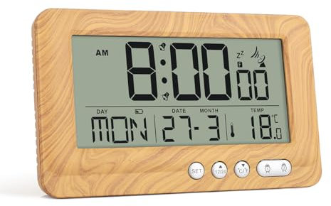 HappyStream Alarm Clock Digital Radio-Controlled Alarm Clock Digital with Indoor Temperature Display, Snooze Function, Backlight, Battery Operated (Khaki)