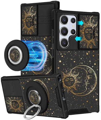 VincitoreModa for Samsung Galaxy S24 Ultra Case - [2in1] Girls Women Cute Sun and Moon Compatible with MagSafe Ring Stand Magnetic Slide Camera Cover Unique Cool Design for Samsung S24 Ultra Case 6.8