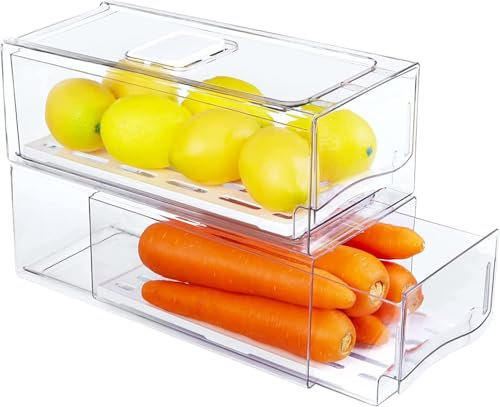 2 Pack Fridge Organisers Bins with Drainboard, Stackable Fridge Drawer Organizer Set with Lid, Large Clear Plastic Fruit Storage Containers for Kitchen Freezer Cupboard