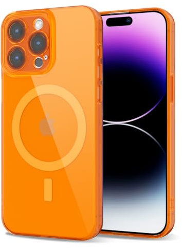 Svanove for iPhone 14 Pro Max Case Clear Compatible with Magsafe, Fluorescent Transparent Magnetic Magnet Mag Case, Slim Thin Bright Silicone Grip & Shockproof Bumper Camera Cover, Neon Orange