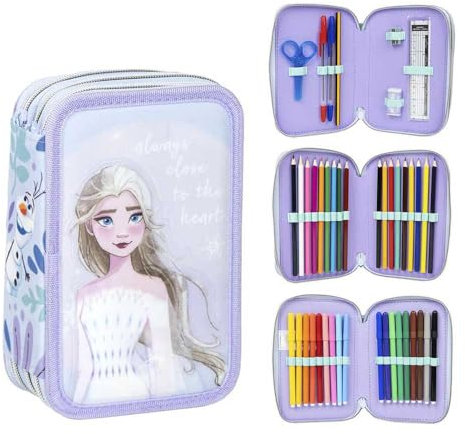 CERDÁ LIFE'S LITTLE MOMENTS Federmäppchen mit 3 Fächern, Farbe: Lila, 12,5 x 6,5 x 19,5 cm, Reißverschluss, inklusive Zubehör, Originalprodukt, entworfen in Spanien, Lila, Die Eiskönigin Federmäppchen