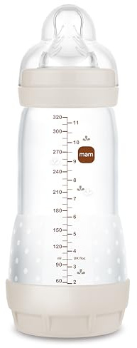 MAM Biberon Anticolica Easy Start 320 ml, Tettarella Misura 3, Beige | Da 4+ mesi, Valvola anticolica, Riduce bolle d'aria, Silicone SkinSoft, Allattamento misto, Autosterilizzante, Senza BPA/BPS