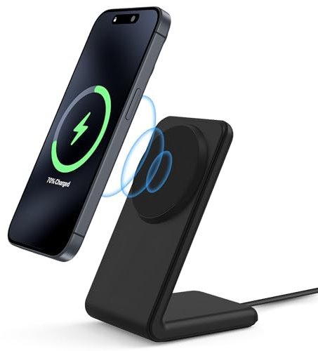 TEKRAT Wireless Charger Stand Compatible With MagSafe, Strong Magnetic Alignment, 15W Fast Charging, iOS 17 Standby Mode, For iPhone 16, 15, 14, 13, 12, Plus, Pro, Max Models, Includes 1m USB-C Cable