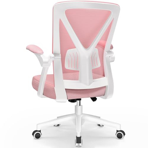 Airchros Bürostuhl, Schreibtischstuhl Bürostuhl Ergonomisch mit Einstellbarer Lendenstütze, Hochklappbaren Armlehnen, Höhenverstellbarer Chefsessel, Rückenschonend, Netzstuhl mit Wippfunktion,Rosa