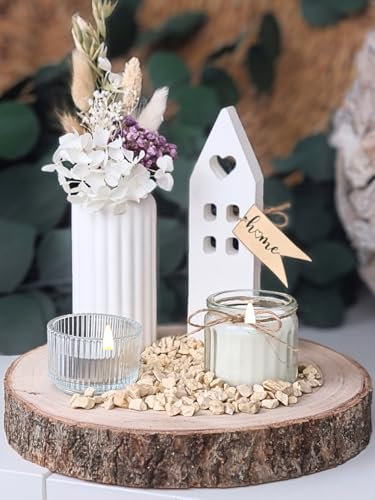 WIDEGO Tischdeko – Set mit Gips, Naturholzplatte, Kerzen und echten Trockenblumen | Tisch Deko | Tischdeko Esstisch | Wohnzimmer Deko Modern | Geschenkset Frauen | Deko Flur | Dekotablett