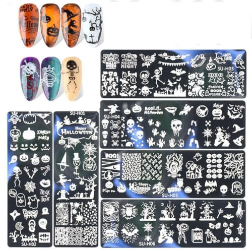 Nail Art Printing Plate Set, Nail Art Stamp Kit, Halloween Nail Stamping Plate, Halloween Nail Art Plates Image Stamp Templates Stamping Kit, DIY Image Plate Nail Art Design Stamp Kit (6PCS-Halloween)