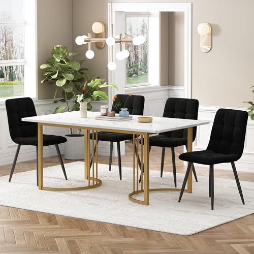 KAZZIO Essgruppe, Esstisch mit 4 Stühlen Set, Moderner Küchentisch Set, Küchentisch mit Golden Metallbeinen, MDF Tischplatte in Weißer, Schwarz Samt Esszimmerstühle (Gold+Weiß)