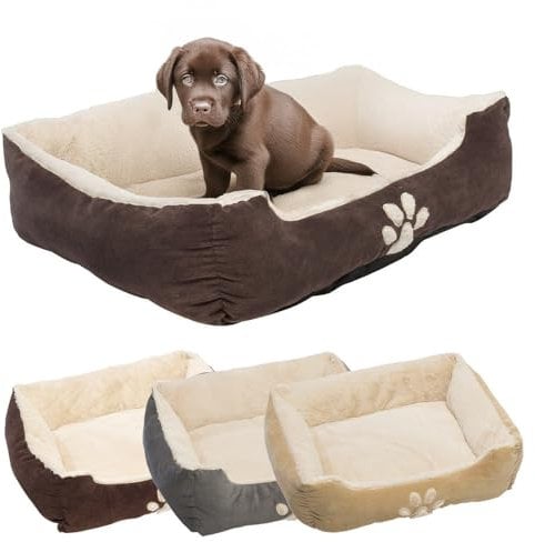 Petnic - Hundebett ca. 60x48x18 cm - Braun - Plüsch flauschig mit Rand weich für kleine bis mittelgroße Hunde Katzenbett Hundekissen Beige Haustierbett eckig ca. 60x50 cm