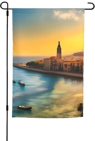 Gartenflagge Sonnenuntergang in Barcelona, 30,5 x 45,7 cm. Helle, doppelseitige Outdoor-Dekoration bringt Spaß in Ihren Garten.