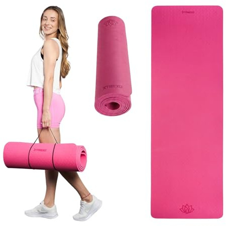 TREXO Fitnessmatte in Pink, 183 x 61 cm und 10 mm dick aus umweltfreundlichem TPE mit rutschfester Oberfläche, leichte Matte für Krafttraining, Yoga, Pilates und Stretching