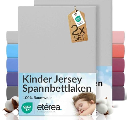 etérea Jersey 2er Set Spannbettlaken 80x160cm - 80x180cm Silber bis 20 cm Höhe - 100% Baumwolle Spannbetttuch Oekotex - Kinder Doppelpack Bettlaken 80x160 cm - 80x180 cm - Silver