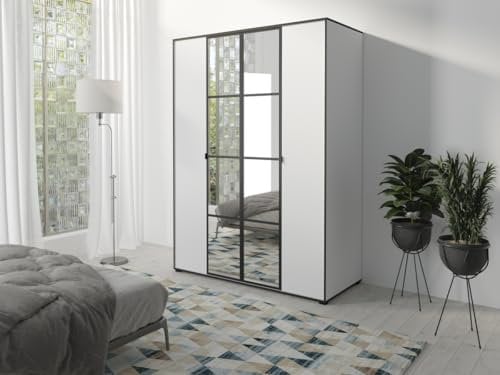 Easy4You Oslo I Weiß Schiebetürenschrank Kleiderschrank 150x206x65 cm mit Spiegel - Schlafzimmermöbel, Aufbewahrung – Mehrzweckschrank mit Kleiderstange